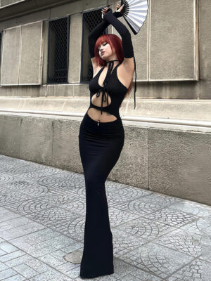 Gothic Halter Sexy Backless Lace Up Long Sleeve Dress