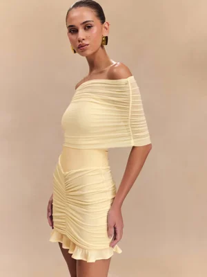 Off Shoulder Mesh Ruffle Mini Dress
