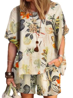 2024 Summer New Print Cotton Linen Short Sets Women Fashion Vintage Loose Short Sleeves T Shirt Shorts Two Piece Set Streetwear - khaki, S
