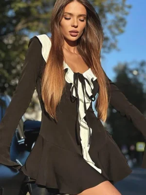 Patchwork Deep V-neck Ruffles Dress
