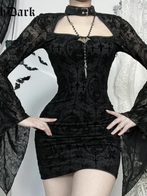 Gothic Floral Mesh Bodycon Mini Dress