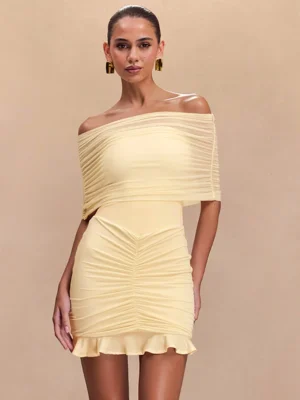 Off Shoulder Mesh Ruffle Mini Dress
