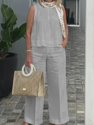 2024 Summer Long Pant Sets Sleeveless Loose Elegant Women's Sets 2 Piece Sets Outfit Two Piece Set For Lady Solid Color T-shirt