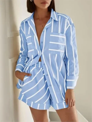 Fashion Striped Two Piece Sets Summer Female Long Sleeve Button Casual Elegant Turn-down Collar Suit 2025 Slim All-match Outfits