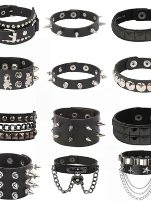 Gothic Spike Bracelet – Black Studded Punk Leather