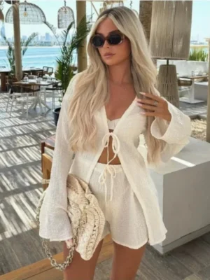 Fashion Casual Two Piece Set Women's Summer White Loose Long Sleeve Lace Solid Color Temperament Elegant Tops Suits 2025 Outfits