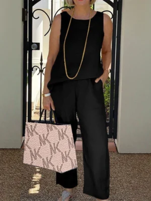 Casual Sleeveless Cotton And Linen Two Piece Set Women Spring Summer New Solid Color Loose Wide Leg Pants Sets Elegant Lady Suit
