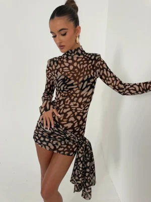 Turtleneck Print Leopard Bandage Women Dress
