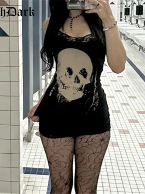 Gothic Dark Anime Skull Strap Mini Dress