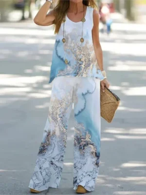 Color Print Pants Sets Women Sleeveless T Shirt Loose Wide Legs Trousers Two Piece Set Fashion Casual Vintage Lady 2 Piece Suit