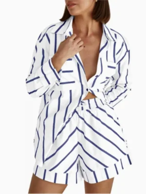 Fashion Striped Two Piece Sets Summer Female Long Sleeve Button Casual Elegant Turn-down Collar Suit 2025 Slim All-match Outfits