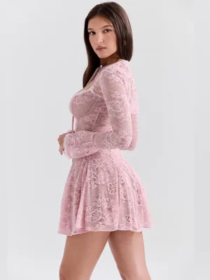 See Through Lace Floral Two Piece Dress