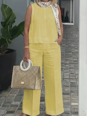 2024 Summer Long Pant Sets Sleeveless Loose Elegant Women's Sets 2 Piece Sets Outfit Two Piece Set For Lady Solid Color T-shirt