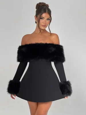 Off Shoulder Feather Collar Dress