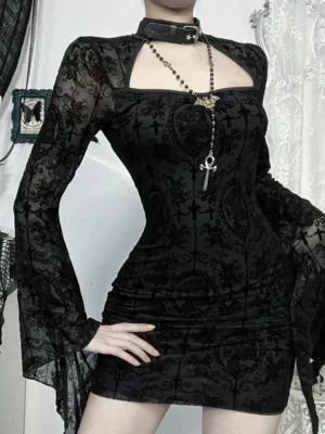 Gothic Floral Mesh Bodycon Mini Dress