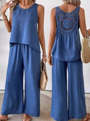 Casual Summer Solid Color Pants Sets Women Hollow Out Flower Edge Backless Sleeveless T Shirt Wide Legs Trousers Two Piece Set