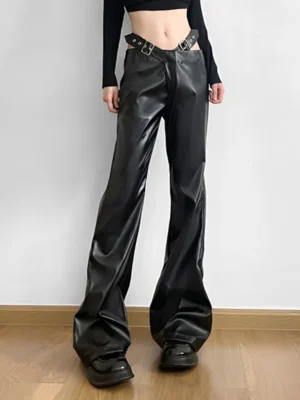Gothic High Waist Flare Pants PU Leather