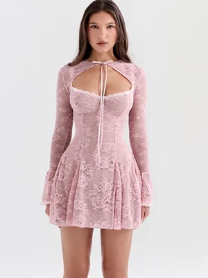 See Through Lace Floral Two Piece Dress