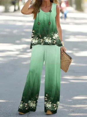 Color Print Pants Sets Women Sleeveless T Shirt Loose Wide Legs Trousers Two Piece Set Fashion Casual Vintage Lady 2 Piece Suit