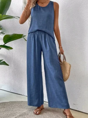 Casual Summer Solid Color Pants Sets Women Hollow Out Flower Edge Backless Sleeveless T Shirt Wide Legs Trousers Two Piece Set