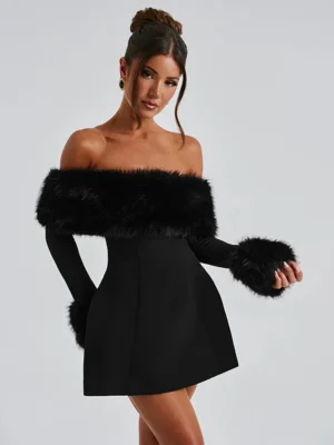 Off Shoulder Feather Collar Dress
