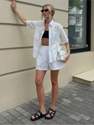 Fashion Trendy Summer Shorts Two Piece Set Women Lace Hollow Out Short Sleeves Shirt Short Pants Sets Female Summer 2 Piece Suit