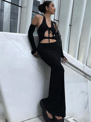 Gothic Halter Sexy Backless Lace Up Long Sleeve Dress